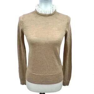 J. Crew Women's Heather Tan Merino Wool Lightweight Knit Antique Lace Collar Lon